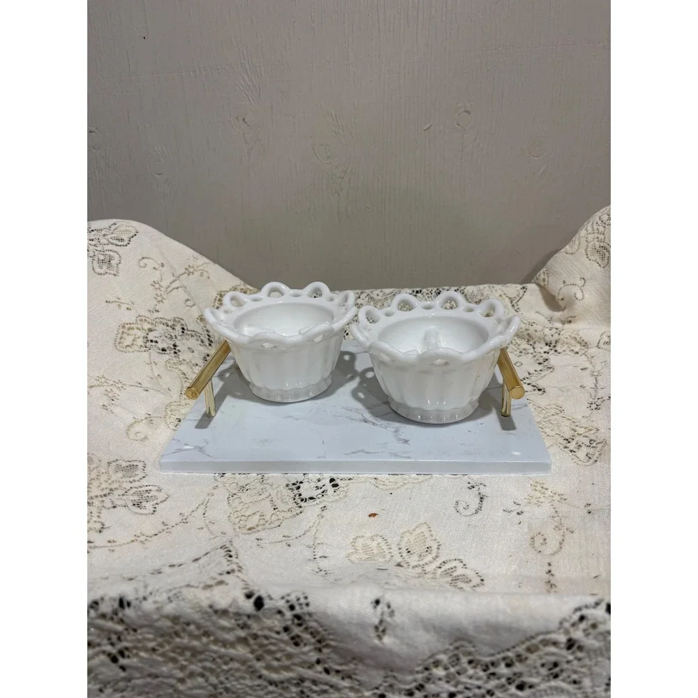 Vintage White Milk Glass Lace Edge Taper Candle Holders Set of 2